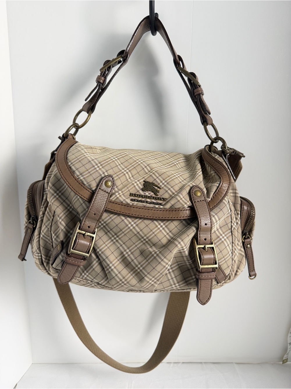 Burberry Beige Plaid Canvas Shoulder Bag with Brown Leather Trim
